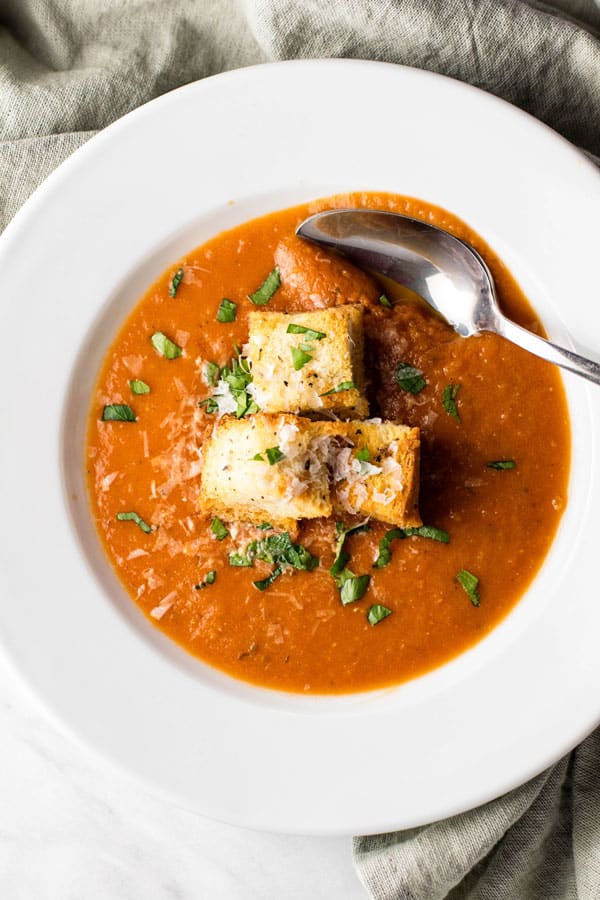 Tomato Soup with Herbed Croutons | girlgonegourmet.com