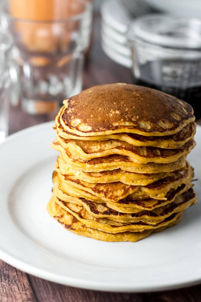 Tall stack of sweet potato pancakes