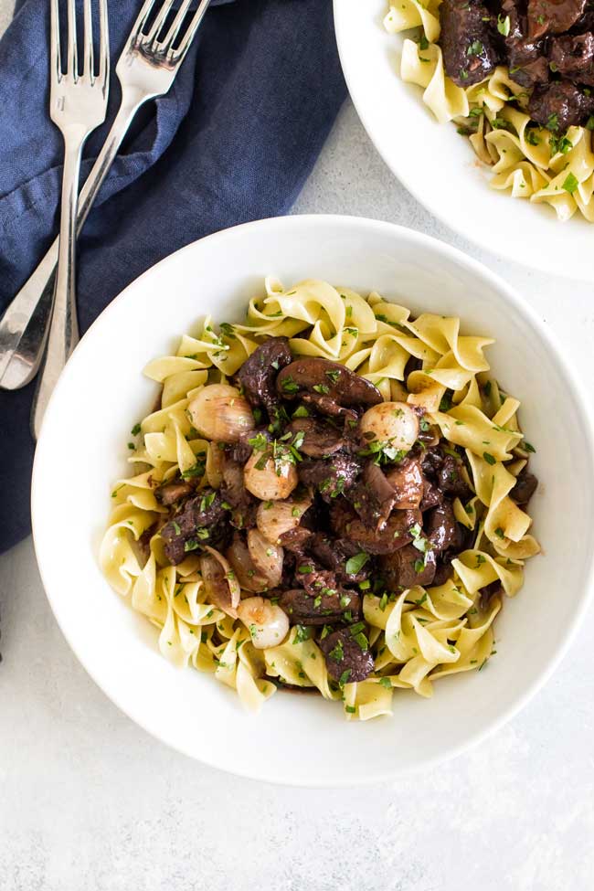 overhead photo of a bowl of beef bourguignon