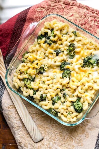 Roasted broccoli macaroni & cheese in a baking dish