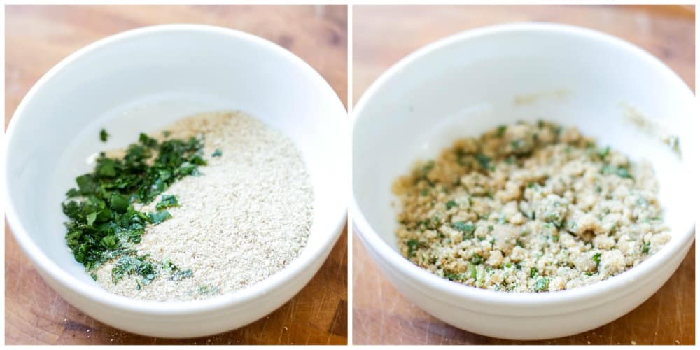 a bowl with the breadcrumb topping ingredients and then with the butter mixed in.