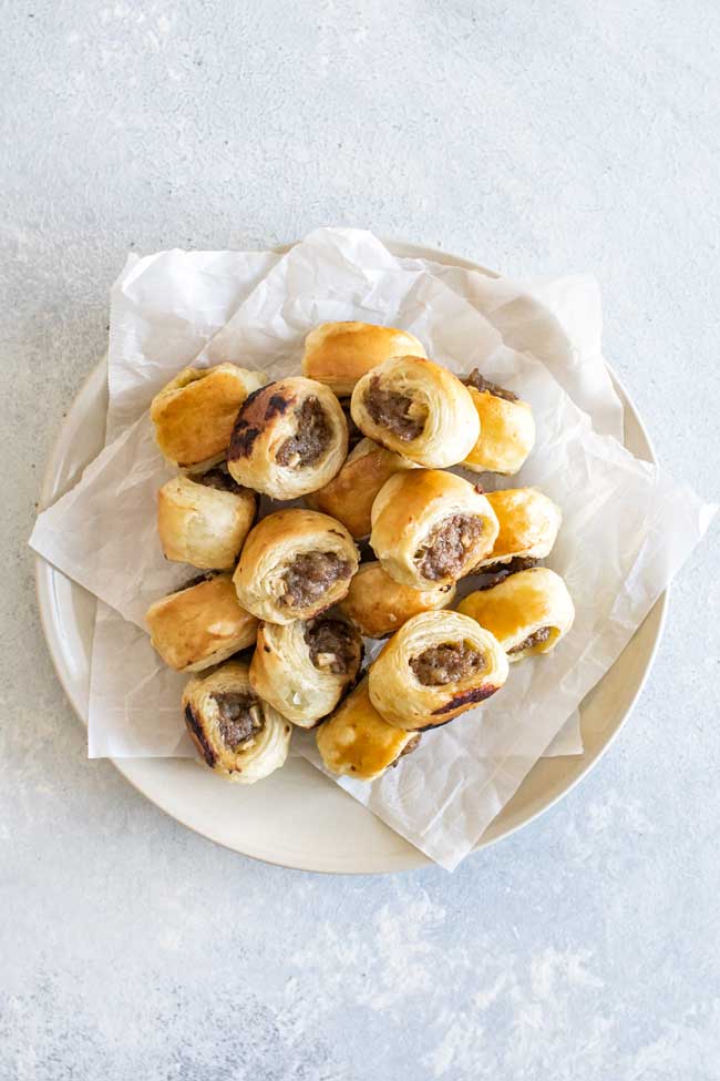 overhead photo of a plate of pork sausage rolls