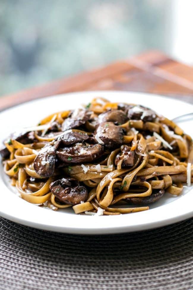 Balsamic mushroom pasta on a white plate