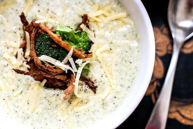Creamy broccoli cheese soup with a crispy onion garnish. It's perfect for a cold wintry day!