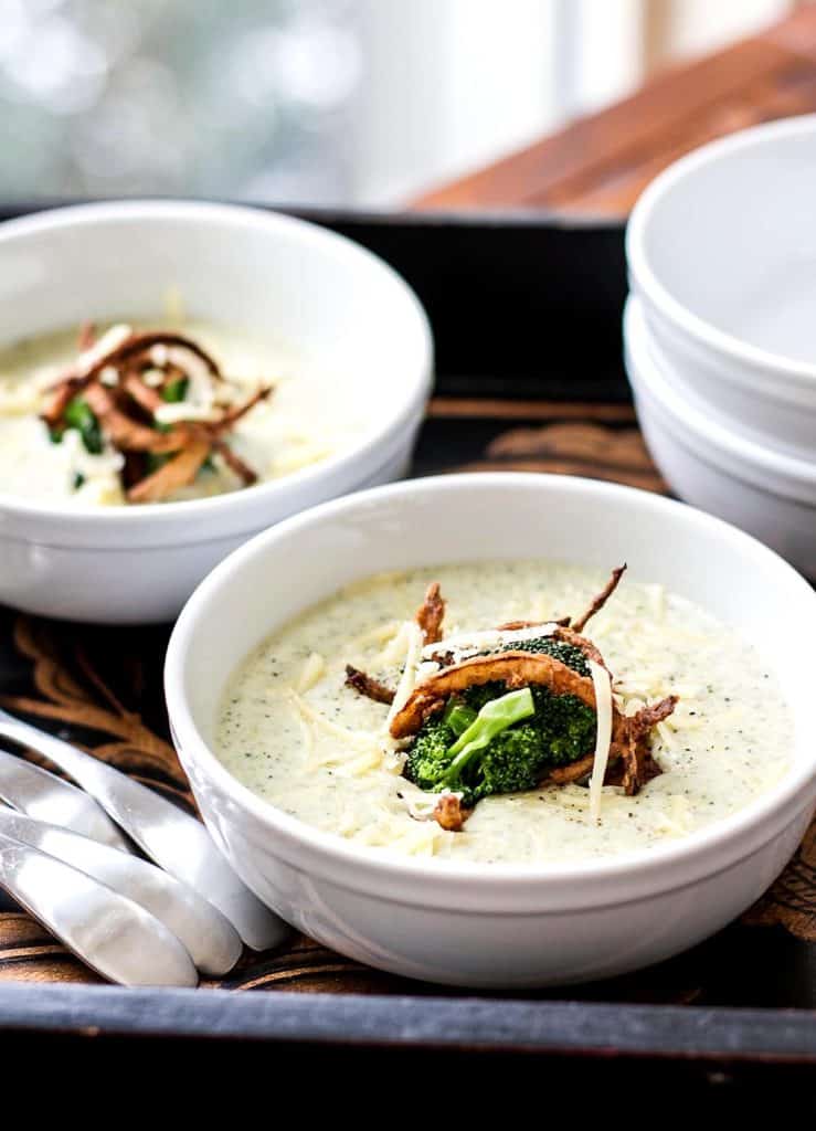 A delicious bowl of broccoli cheese soup topped with crispy onions. Perfect for a cold wintry day!