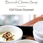Broccoli cheese soup with crispy onion garnish