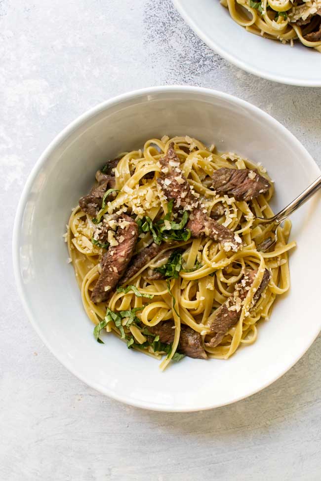 Steak carbonara in a bowl with a fork