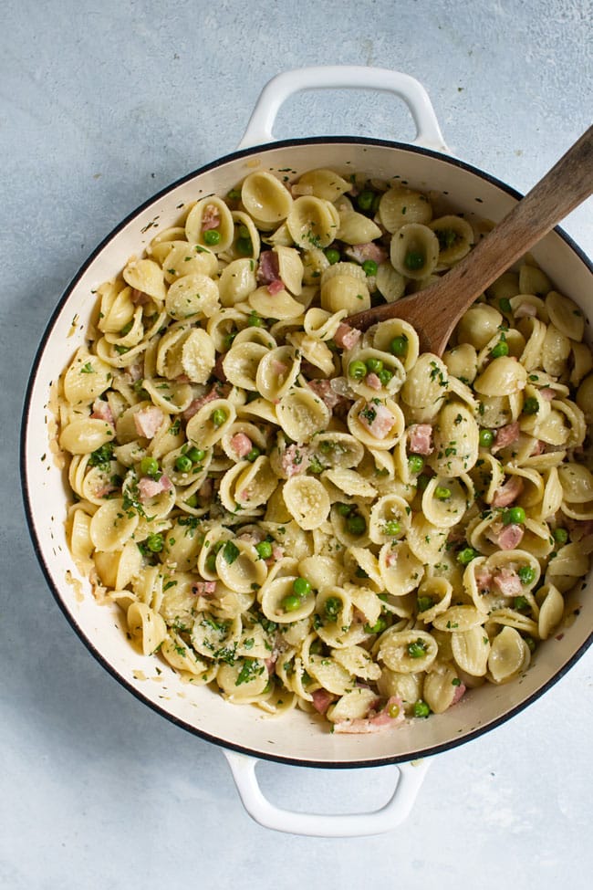 overhead photo of a pan with Pancetta Pasta with Peas