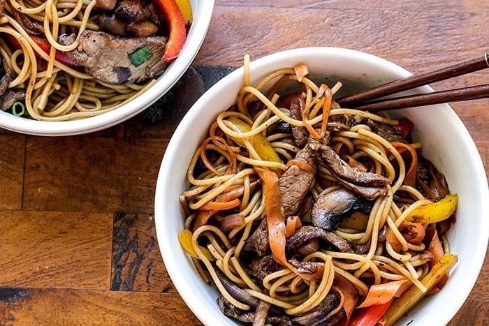 overhead photo of beef and veggie noodle bowl