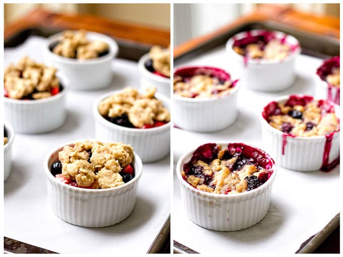 berry crumbles on a sheet pan before and after they are baked