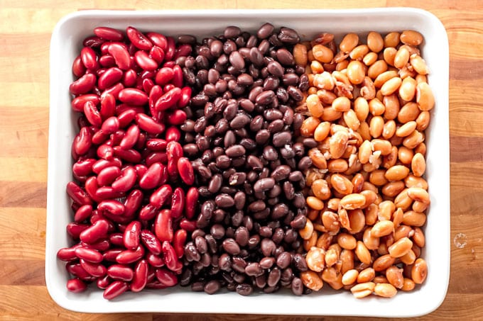 A dish filled with kidney beans, black beans, and pinto beans