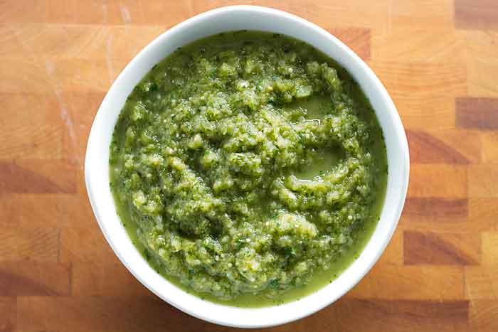 overhead photo of a bowl of salsa verde