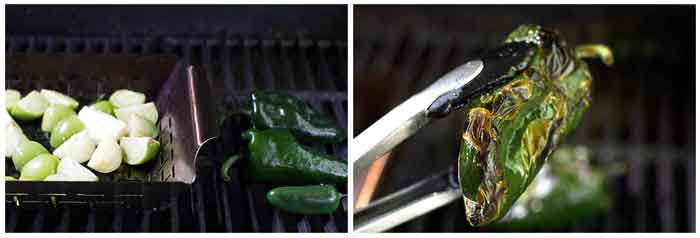 photo collage showing the ingredients on a grill and a close-up of the charred pepper