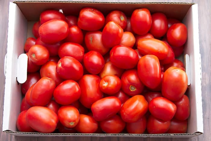 a box of farmer's market roma tomatoes