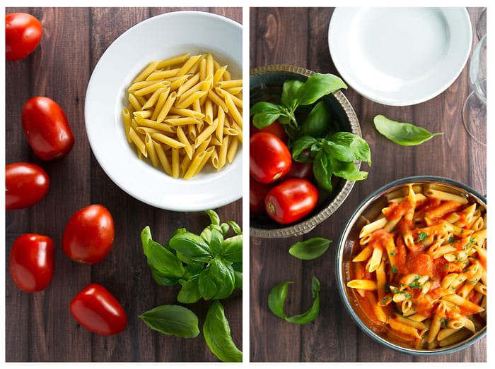 photo collage with a bowl of uncooked pasta next to a photo with a skillet of penne al pomodoro