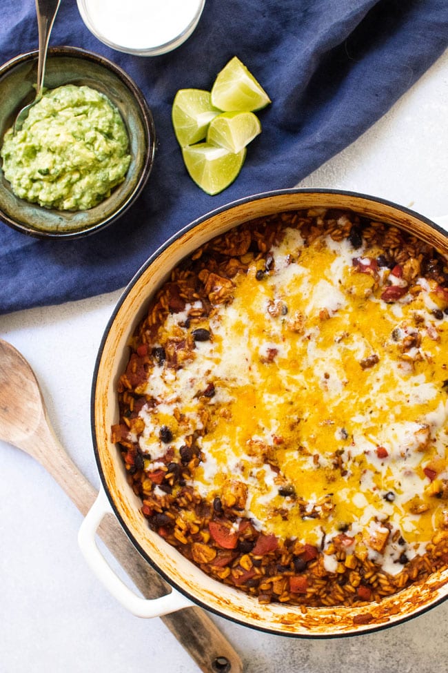 One-pan loaded mexican rice with toppings on the side