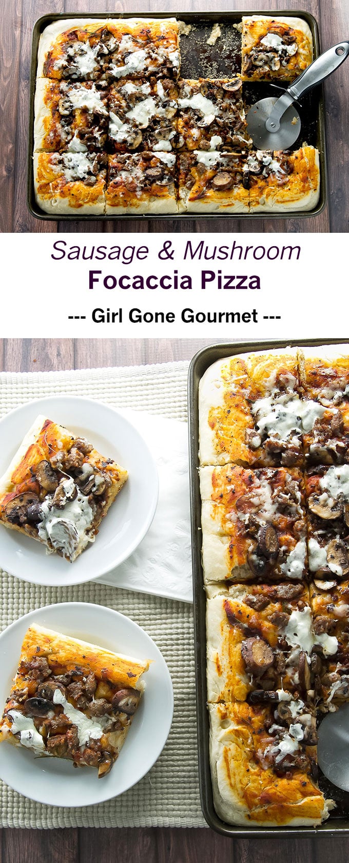 Pillow-y soft focaccia topped with Italian sausage, mushrooms, and cheese | girlgonegourmet.com