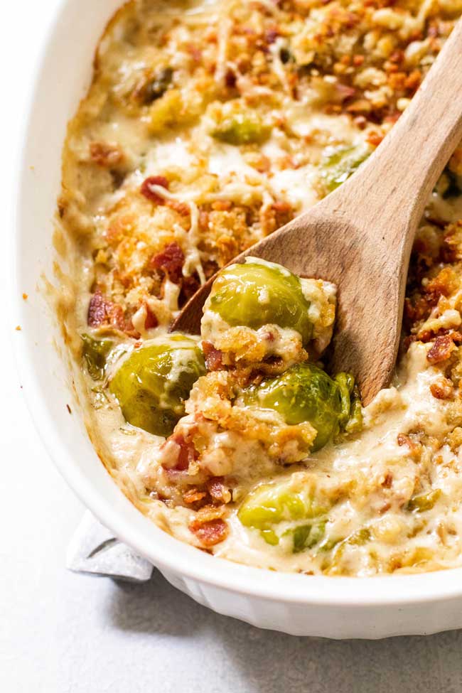Brussels Sprouts Gratin with gruyere cheese and bacon