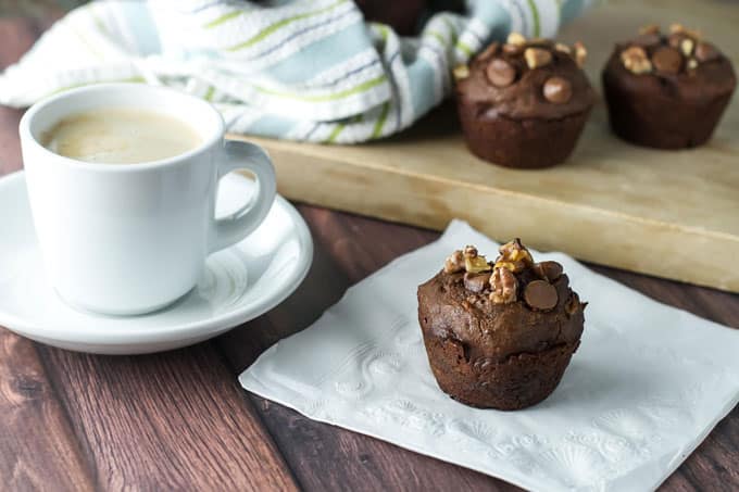 photo of a chocolate muffins with a cup of coffee