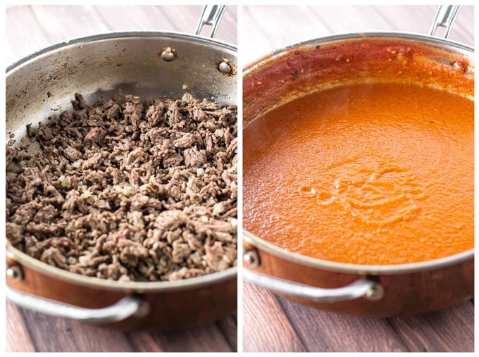 Photo collage with cooked beef in a skillet and tomato sauce in a skillet