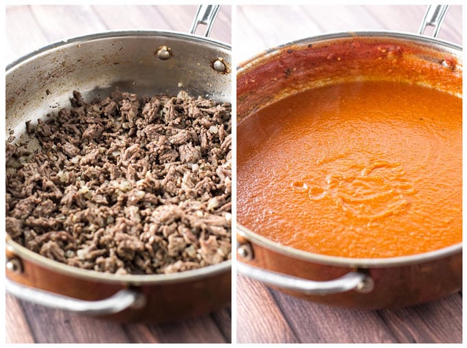 Photo collage with cooked beef in a skillet and tomato sauce in a skillet