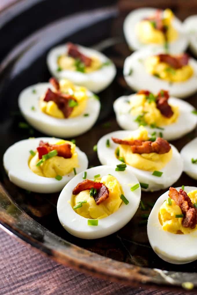 close up shot of a deviled egg ona platter.