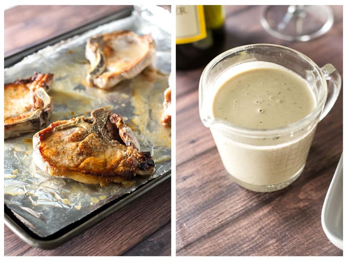 photo collage of roasted pork chops and a container of mustard sauce