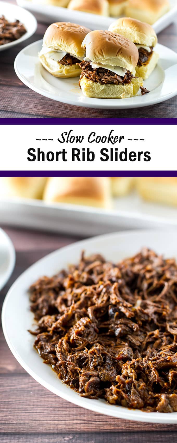 Beef short ribs simmered in a savory sauce all day then piled high on sweet Hawaiian rolls. These slow cooker short rib sliders are a game-day favorite! | girlgonegourmet.com