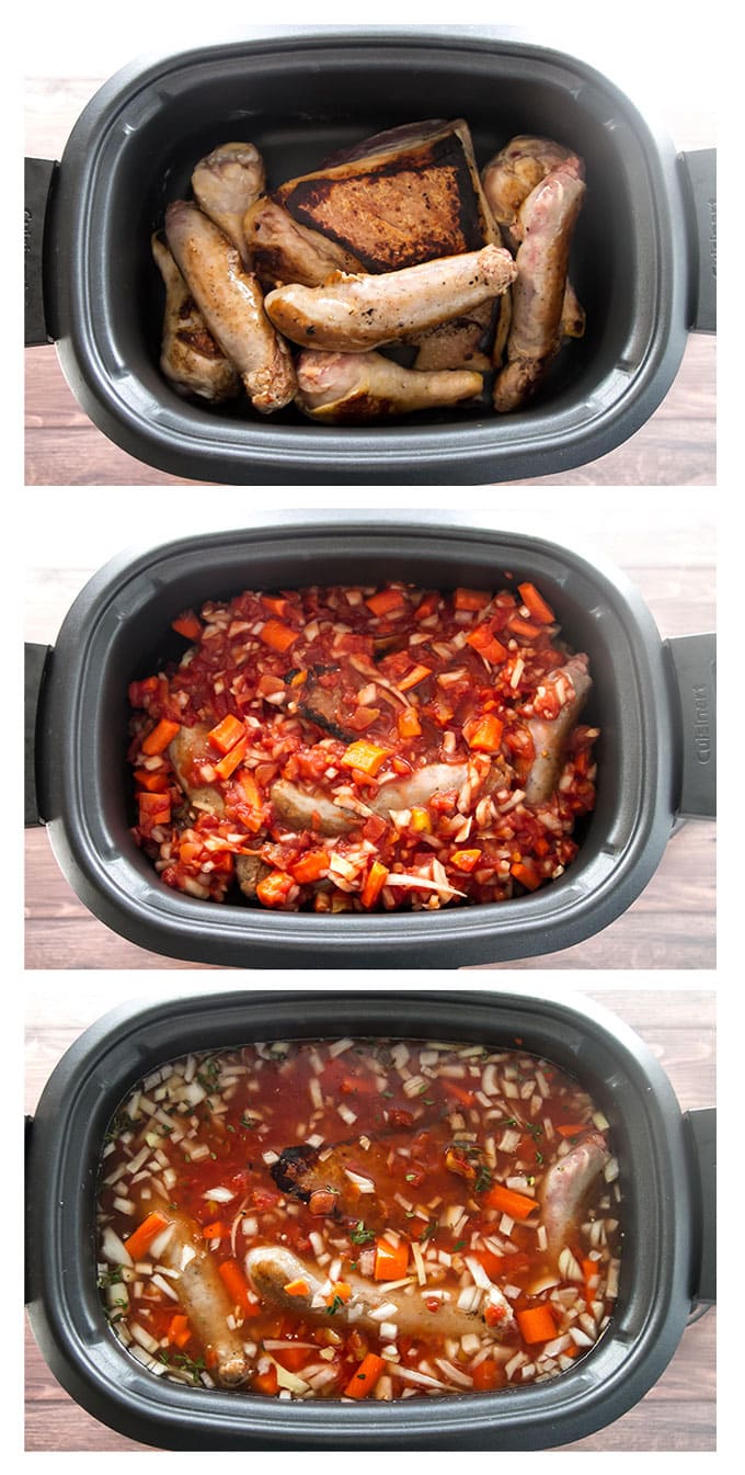 photo collage showing the steps for adding ingredients to slow cooker