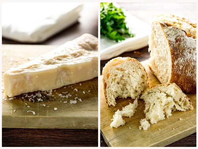 parmesan cheese and bread on a cutting board