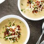 Warm and cozy potato soup topped with crispy pancetta garnish