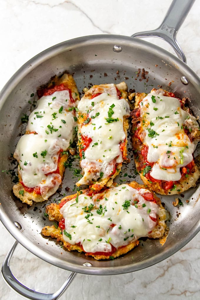 overhead photo of chicken parmesan in a skillet