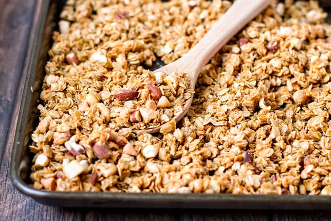 butterscotch granola on a baking sheet