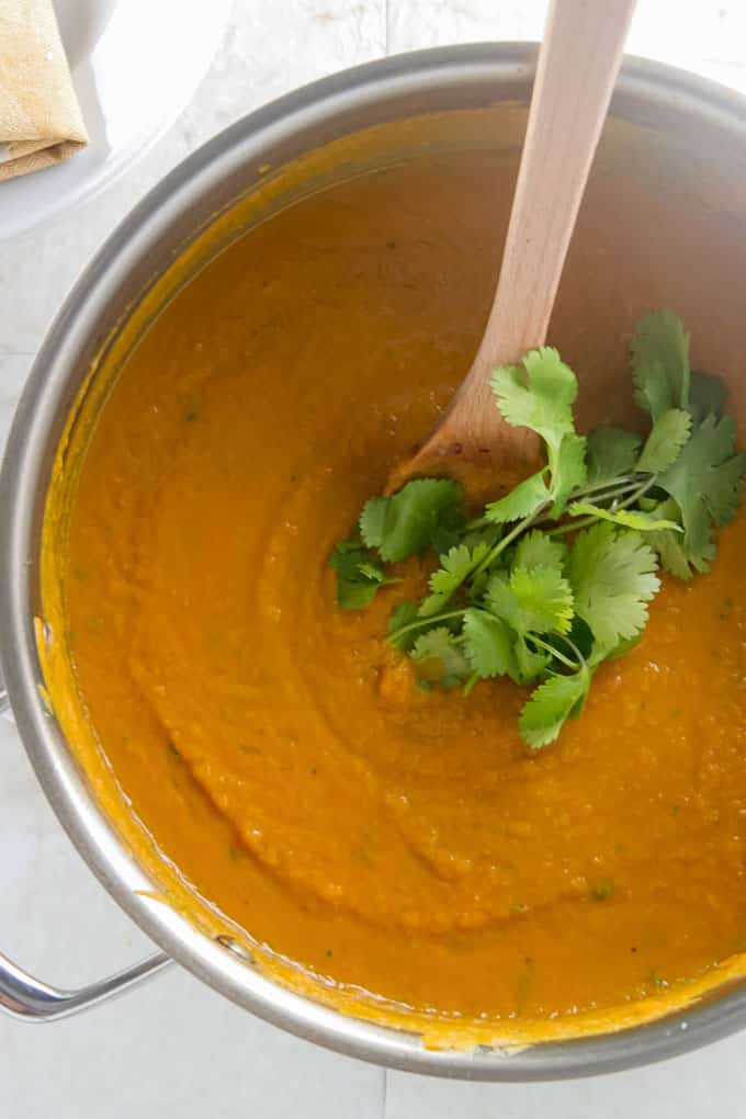 photo of a pot of soup garnished with cilantro