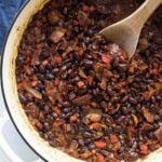 a pan of baked black beans.