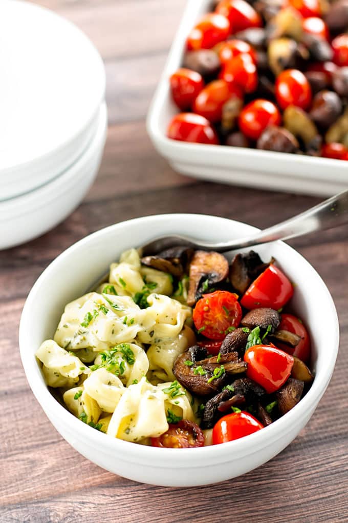 Creamy Pesto Tortellini with Roasted Mushrooms & Tomatoes