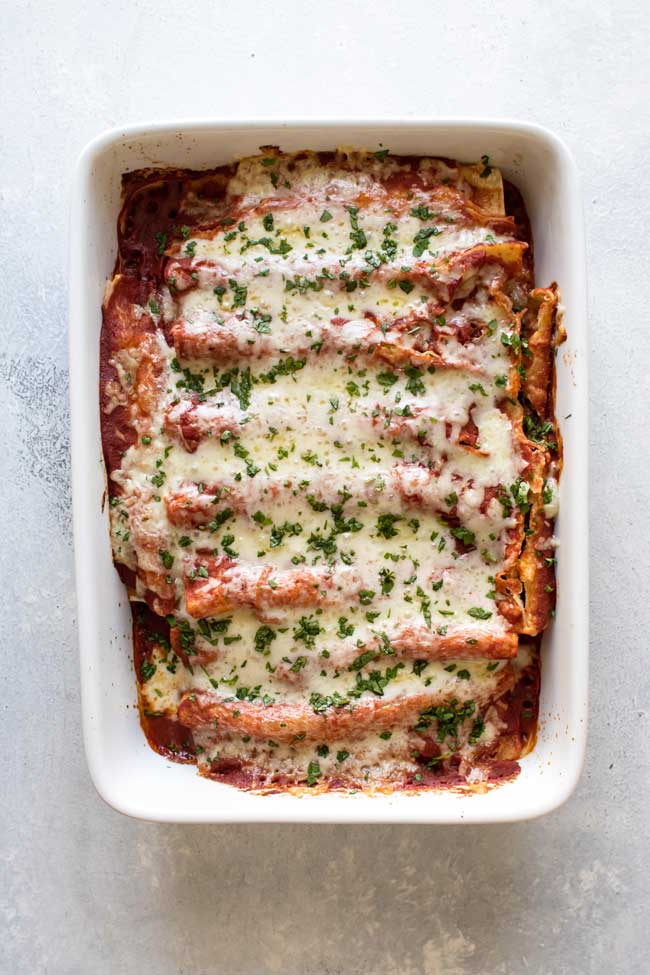 overhead photo of a pan of enchiladas