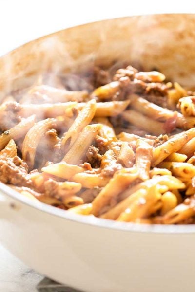 close-up photo of a pan of beef penne