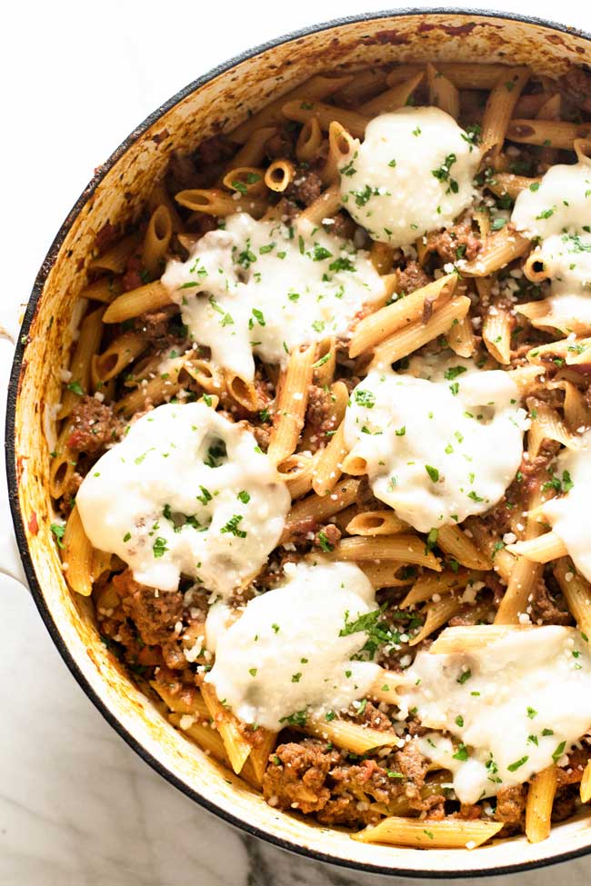 overhead photo of 30-minute one pan beef penne