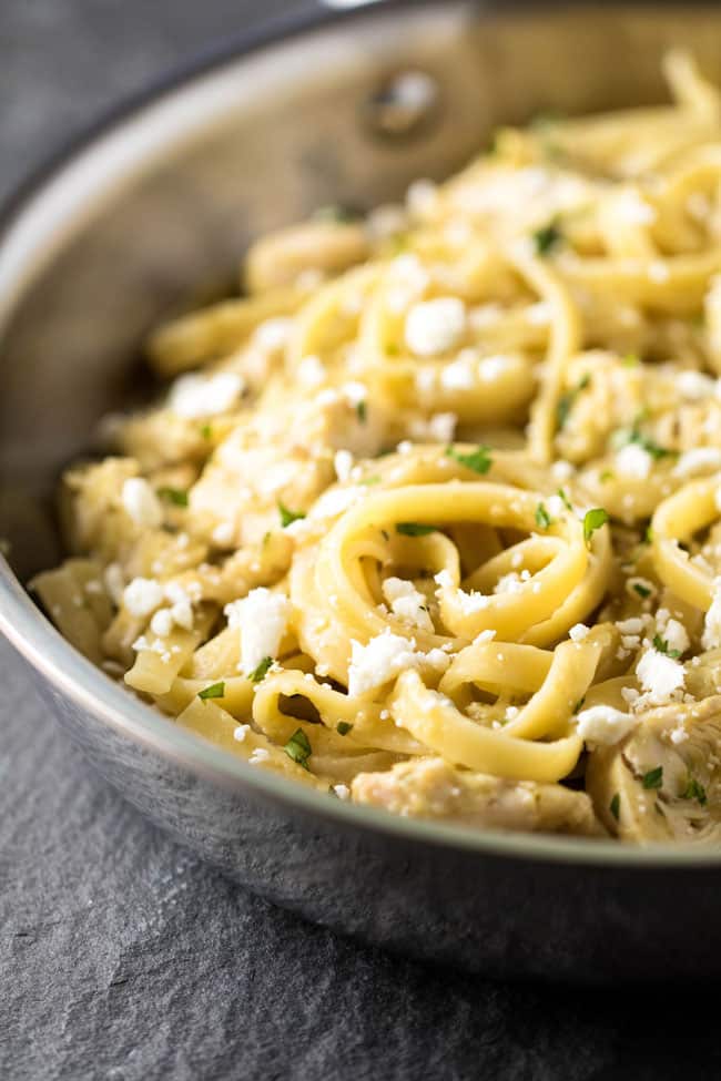 Tomatillo pasta in a sliver skillet