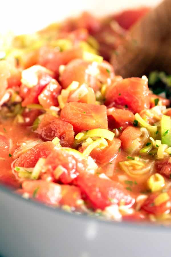 close-up photo of tomatoes and leek in a pot