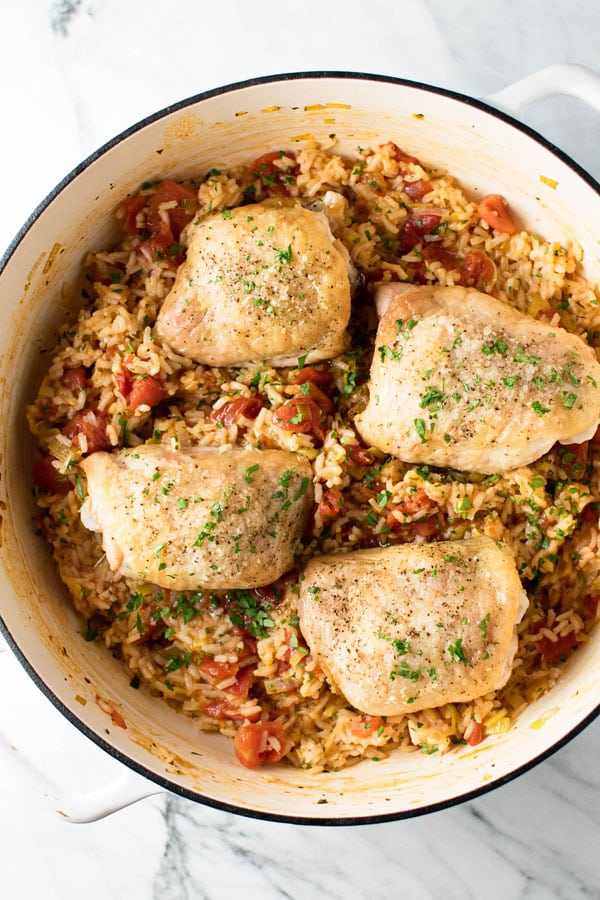 overhead photo of Tomato Leek Rice with Roasted Chicken |