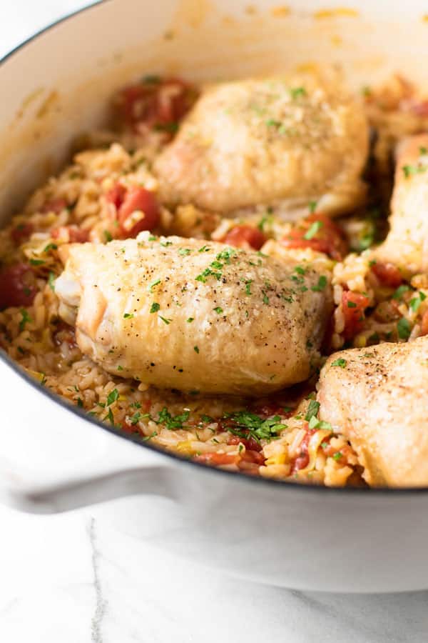 Tomato Leek Rice with Roasted Chicken