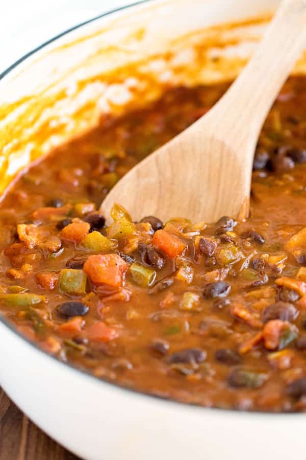 black bean chili in a white pan