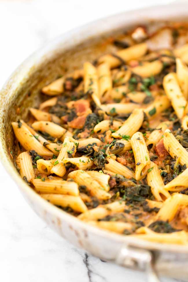 Spinach and Pancetta Pasta in a skillet