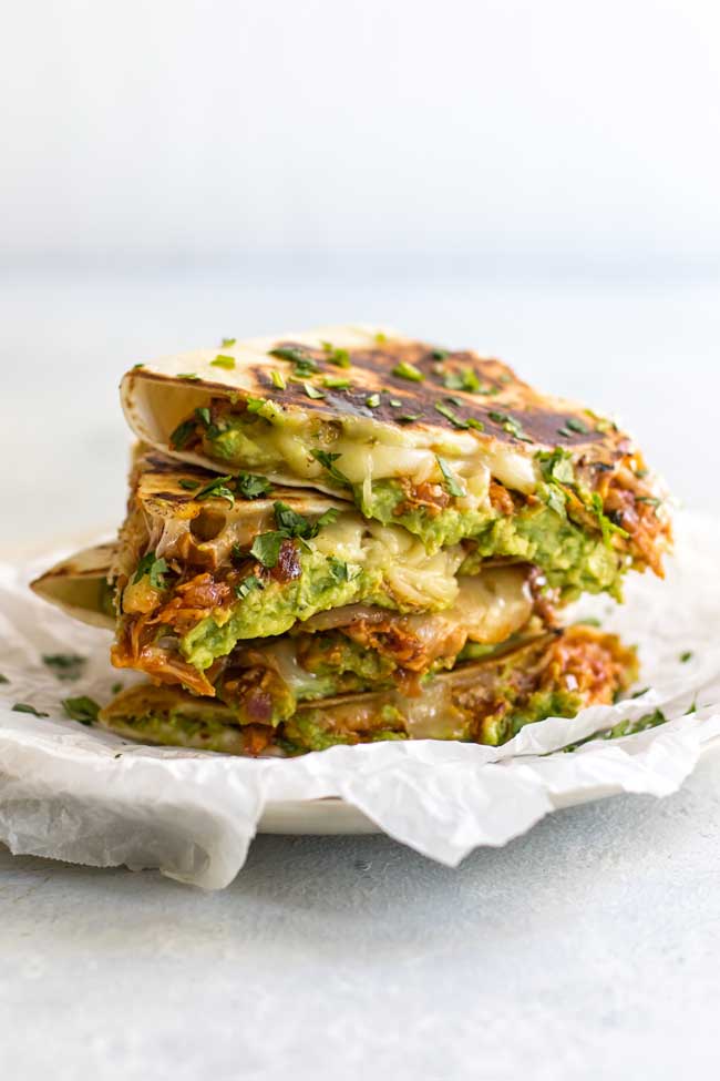 photo of a stack of bbq chicken quesadillas