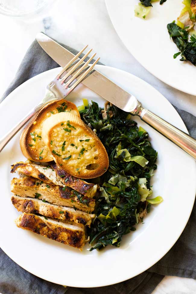 Overhead photo of a plate of greens with chicken