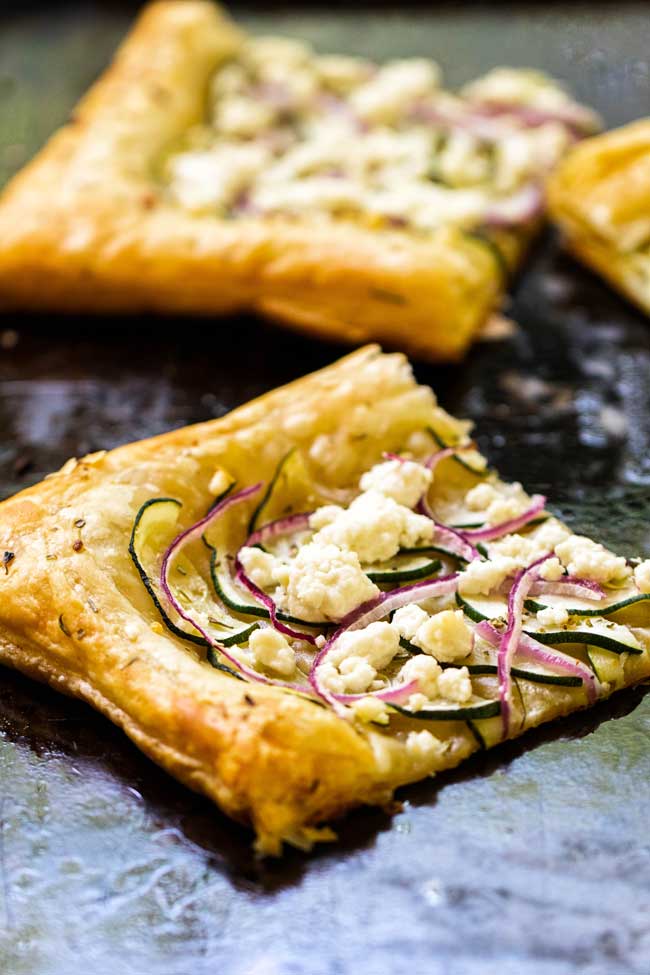 one piece of zucchini and goat cheese puff pastry