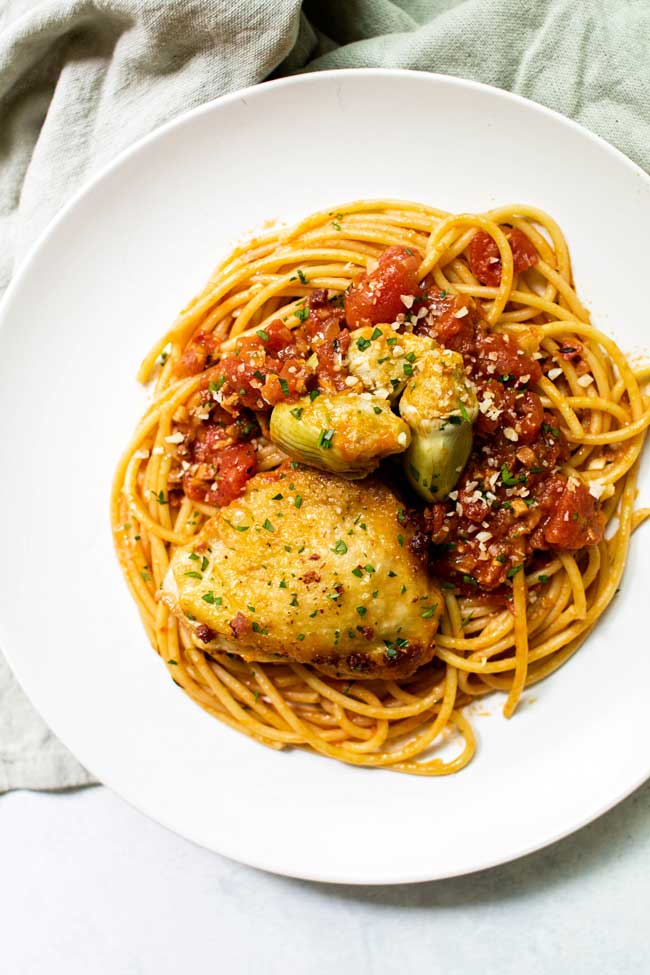 overehad photo of Braised Chicken Bucatini with Artichokes