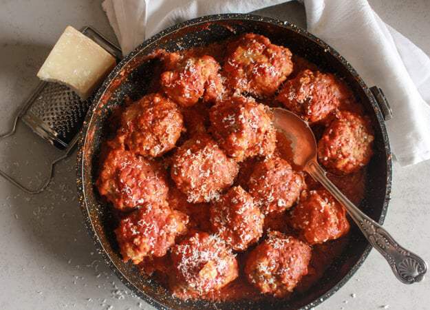 meatballs in a pan.